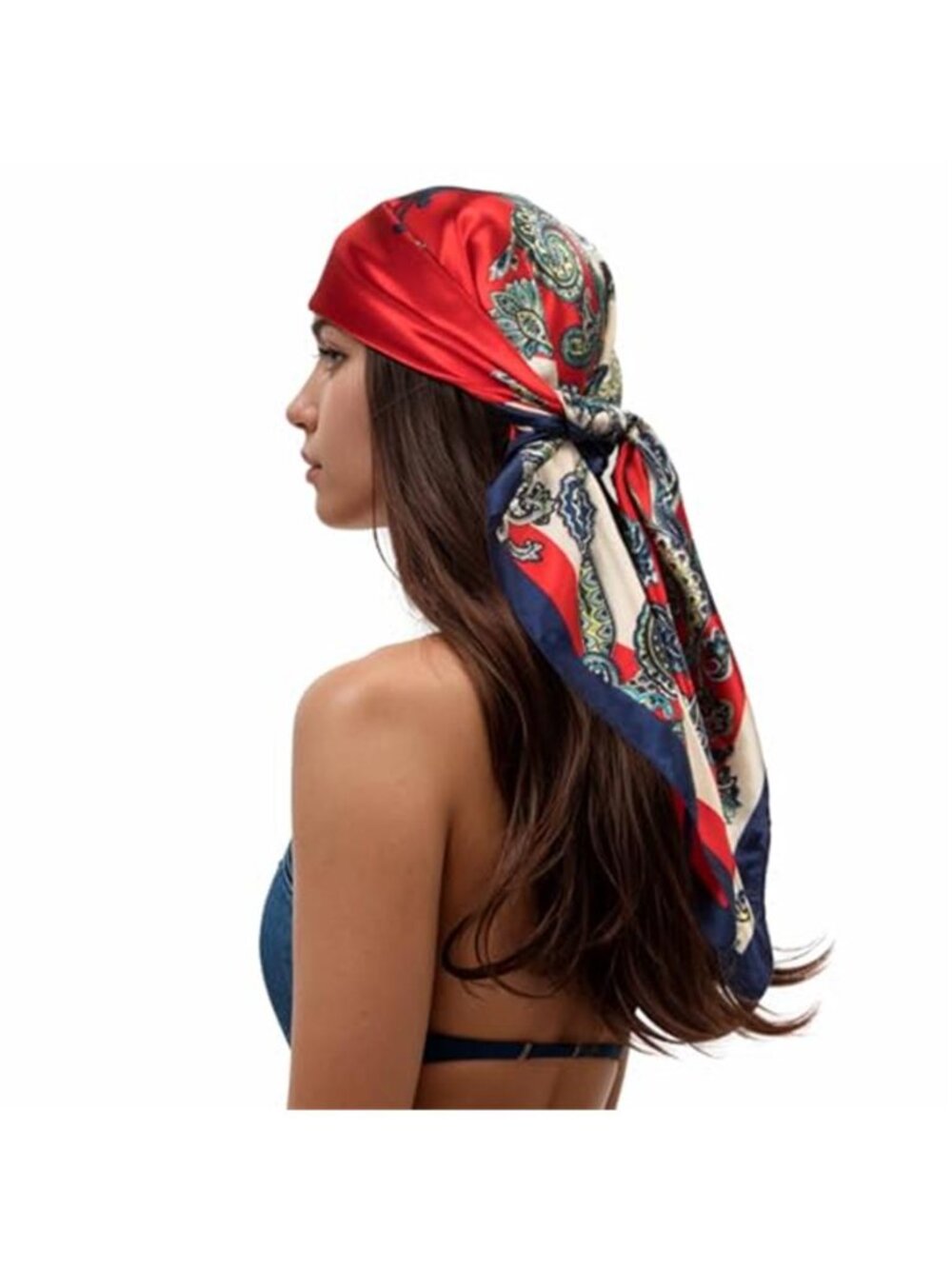 Printed Square Silk-Like Head Scarf 35" Satin Sheen Bandana Hair Wrap Red Navy